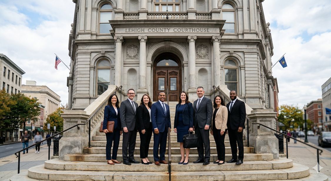 Allentown personal injury lawyers standing on the stairway leading to the Lehigh County Courthouse