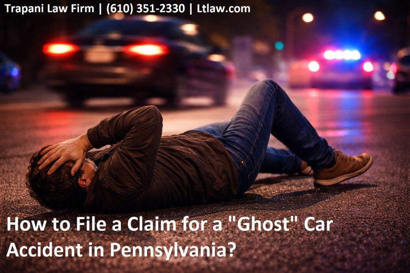 Man lying on the ground after a hit-and-run carr accident with a caption: How to file a claim for a "Ghost" car accident in Pennsylvania?
