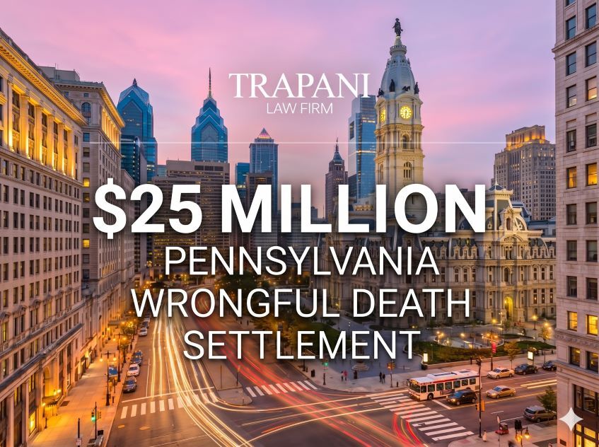 Law firm banner announcing a $25 million Pennsylvania wrongful death settlement over a city skyline at dusk, with the Trapani Law Firm logo subtly visible.