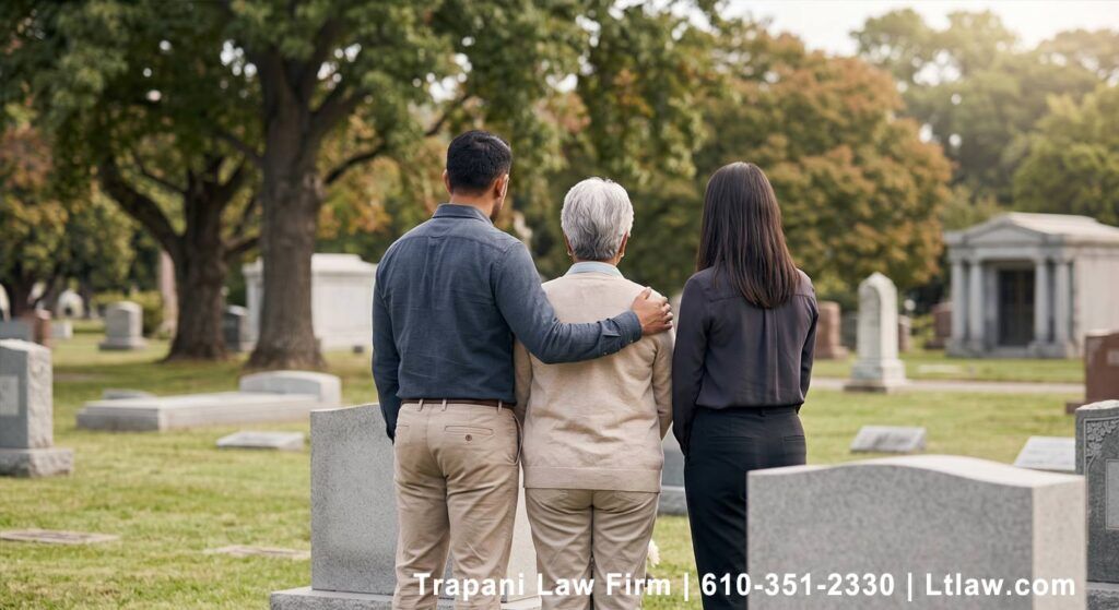 Scene of a family suffering in a cemetery after a death. Overlay text reads Trapani Law Firm and contact info.