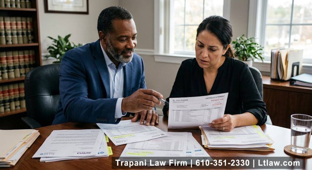 attorney going over unpaid medical bills with his client