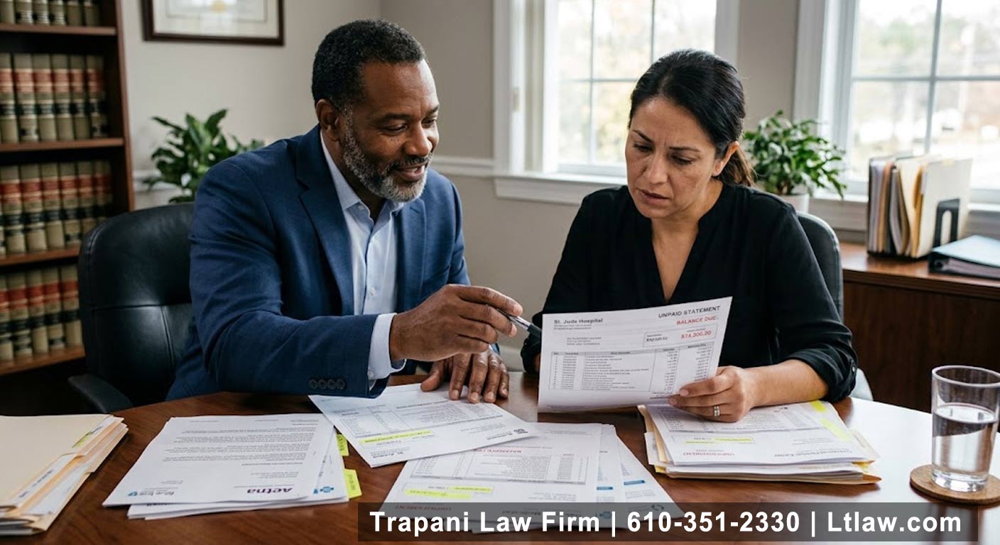 attorney going over unpaid medical bills with his client