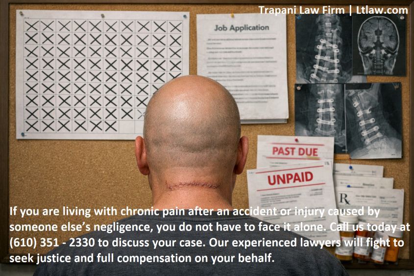 An accident victim suffering from chronić pain looks at a wall with x-ray photos of an injured spine and skull overdue bills, prescriptions and bottles with painkillers