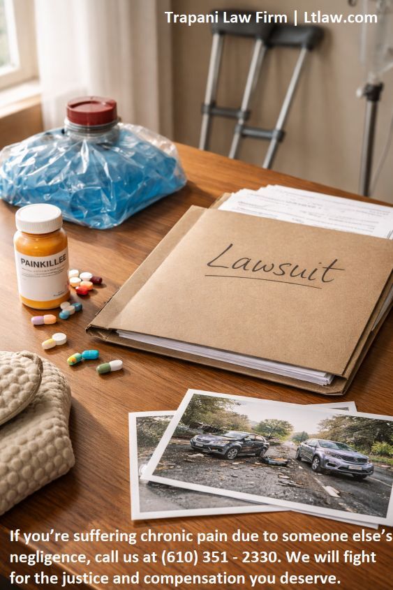 Personal injury case chronic pain crutches ice pack painkillers lawsuit documents scene of the accident photos