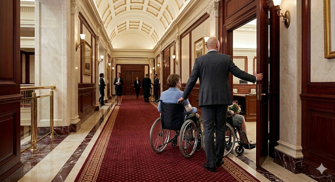 Person in a wheelchair and their personal injury lawyer enter a courtroom in Allentown, PA.
